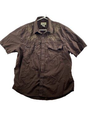 American Rag Mens Shirt XL Embroidered Brown Floral Short Sleeve Western Cowboy